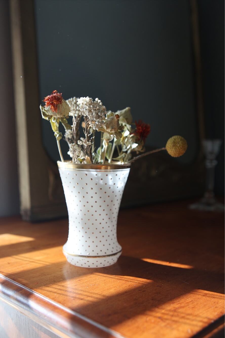 Vintage Frosted White Glass Vase Gold Polka Dot Gilt Trim Small Flower Vase 4.5"